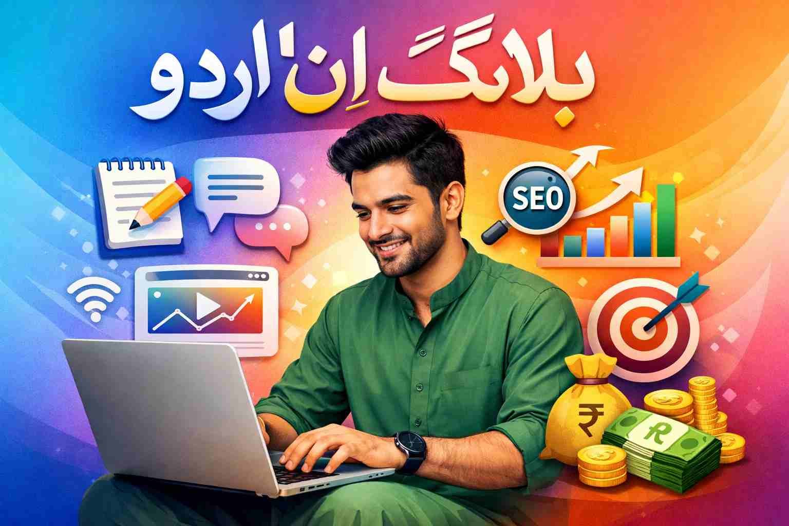 Person learning blogging in Urdu on laptop