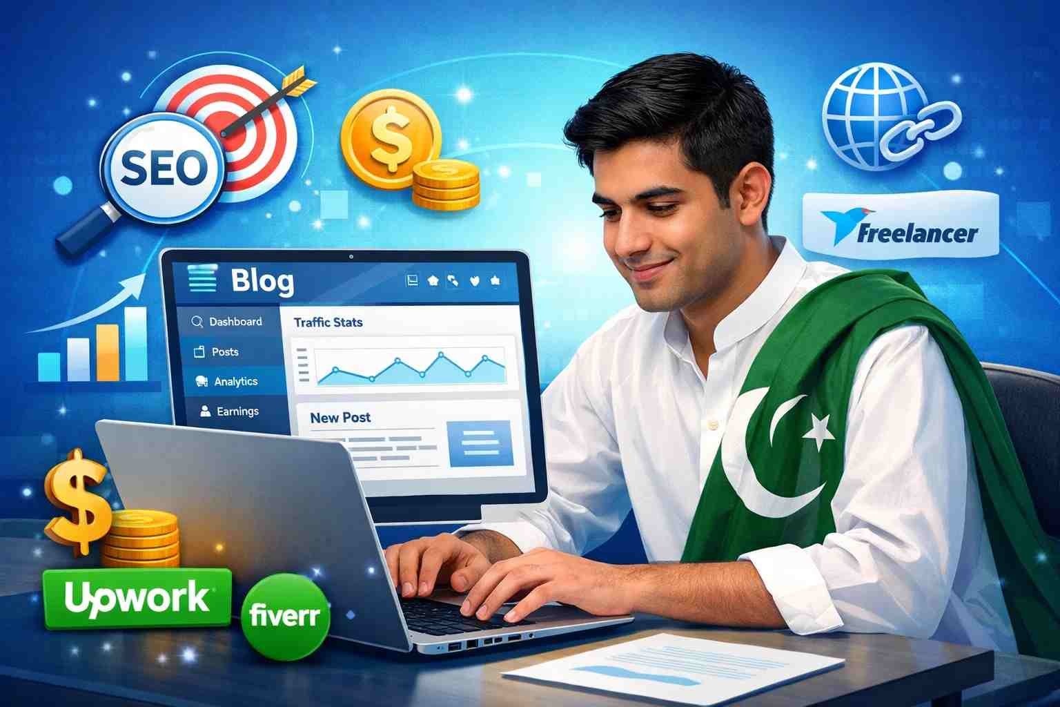 Student doing blogging work from home Pakistan