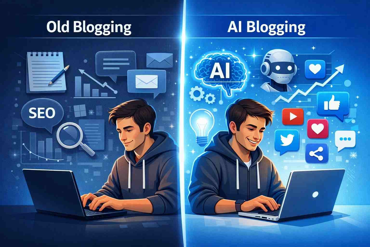blogger using laptop with AI and SEO icons
