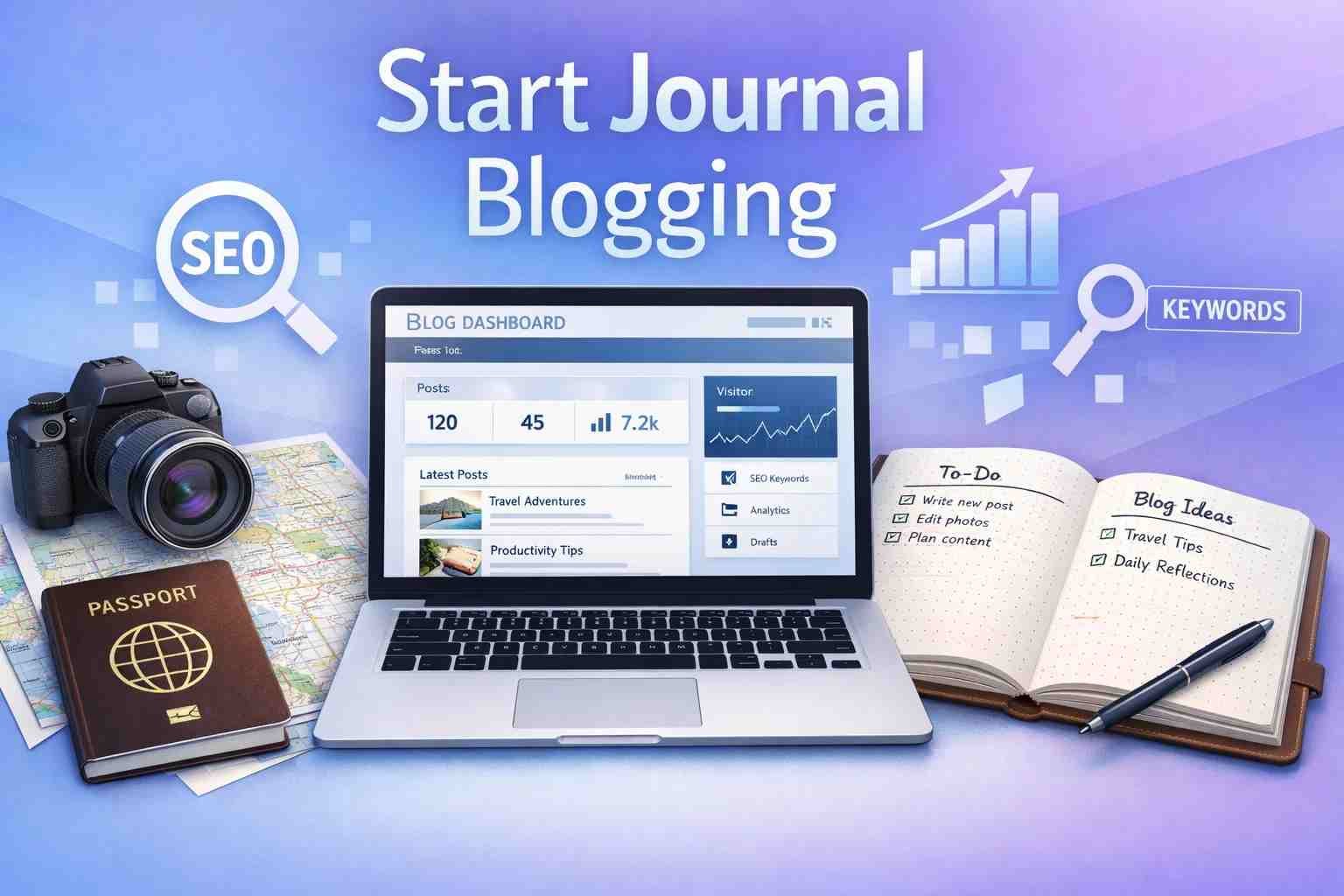 Laptop with travel journal and blogging tools