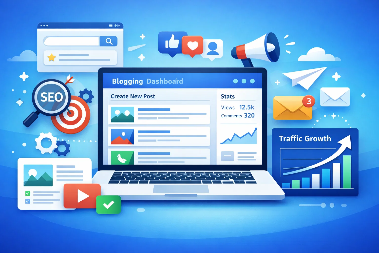 Blogging in digital marketing concept with SEO tools